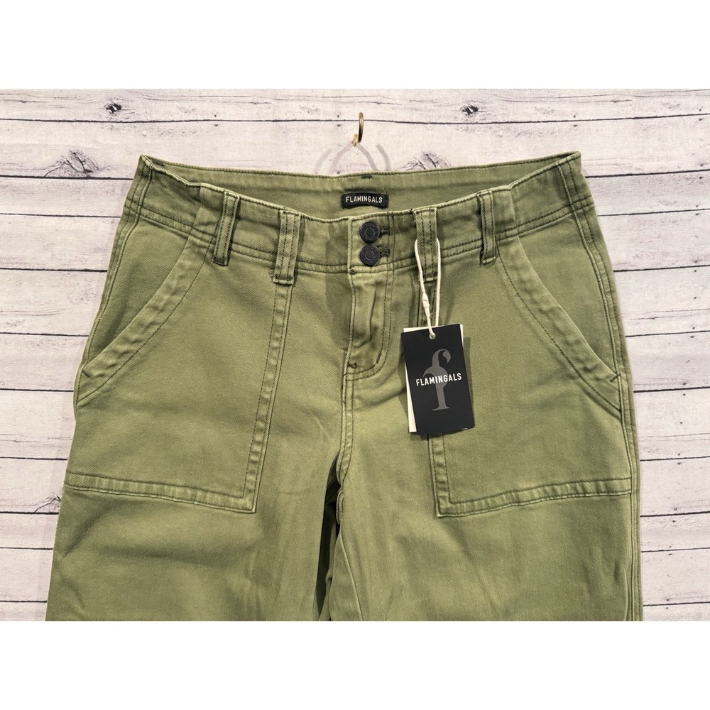 Flamingals Womens Denim Jean Sz M Army Green Cargo Pant Barrel Wide Leg NEW NWT - Picture 2 of 13